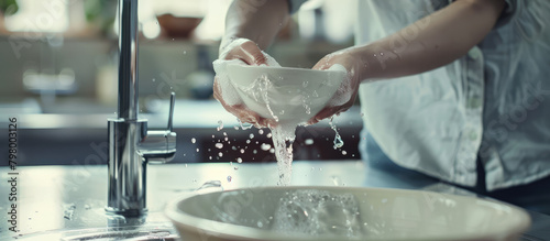 Close-up of woman hands washing plate with soap foam and water in modern kitchen interior.