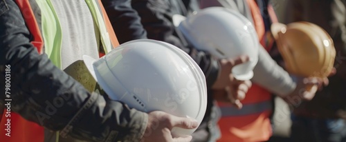 Group of workers in safety vests holding hard hats at a construction site. Created with Generative AI