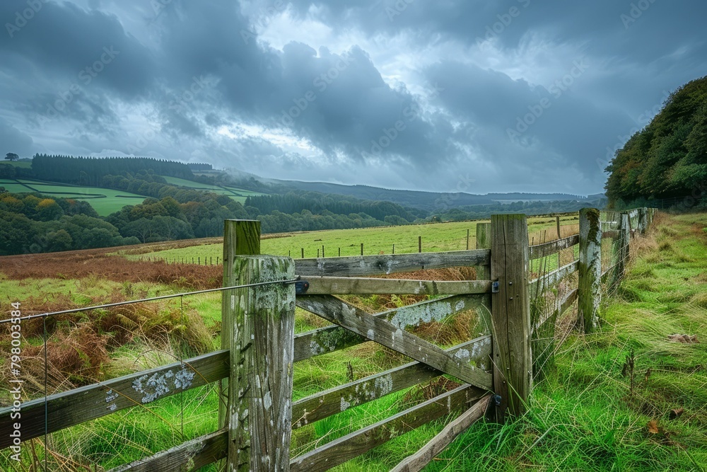 b'Wooden gate in a green field with trees and hills in the background'