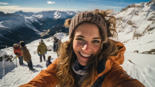 b'Young woman with curly hair smiling in front of a snowy mountain landscape'