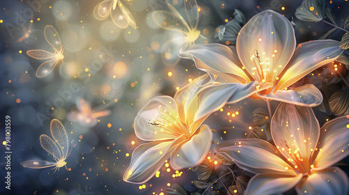 Contemporary floral elegance with mesmerizing fireflies. Watercolor 3D illustration  texture.