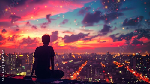 A person sits with their legs crossed on a high vantage point overlooking a cityscape at dusk or dawn. The sky is a vibrant spectacle of pink, orange, and blue with streaks of clouds and scattered bri photo
