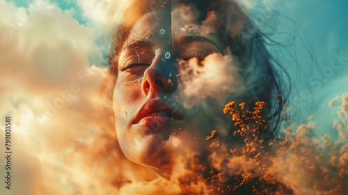 A close-up portrait of a person's face framed against a blue sky with clouds. The individual's eyes are closed, and their face has an expression of tranquility or introspection. The image is infused w
