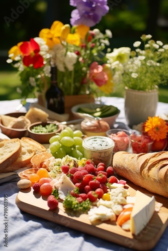 b'A picnic with fresh fruit, cheese, bread, and wine'
