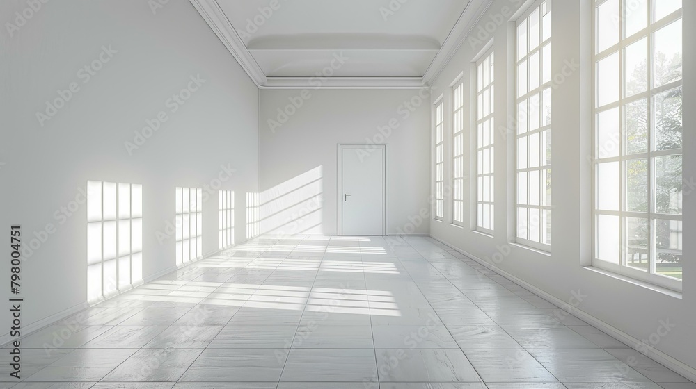 b'Bright empty room with large windows and a closed door' b'Bright empty room with large windows and a closed door'