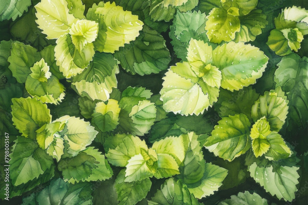 A realistic painting of green leaves. Suitable for nature-themed designs A realistic painting of green leaves. Suitable for nature-themed designs