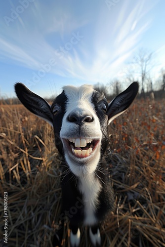 Happy and humorous goat on farm, perfect for text overlay, vertical image with copy space photo