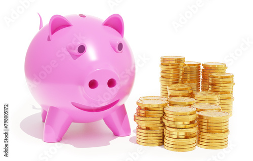 porcellino e soldi, concetto di economia e risparmio, illustrazione 3d photo