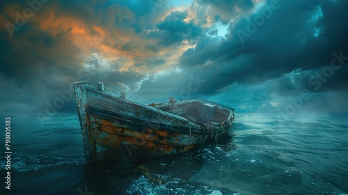 An old, weathered boat with a rustic appearance floats partially submerged in a body of water under a dramatic sky. The boat's surface has peeling paint and signs of deterioration, emphasizing its age photo