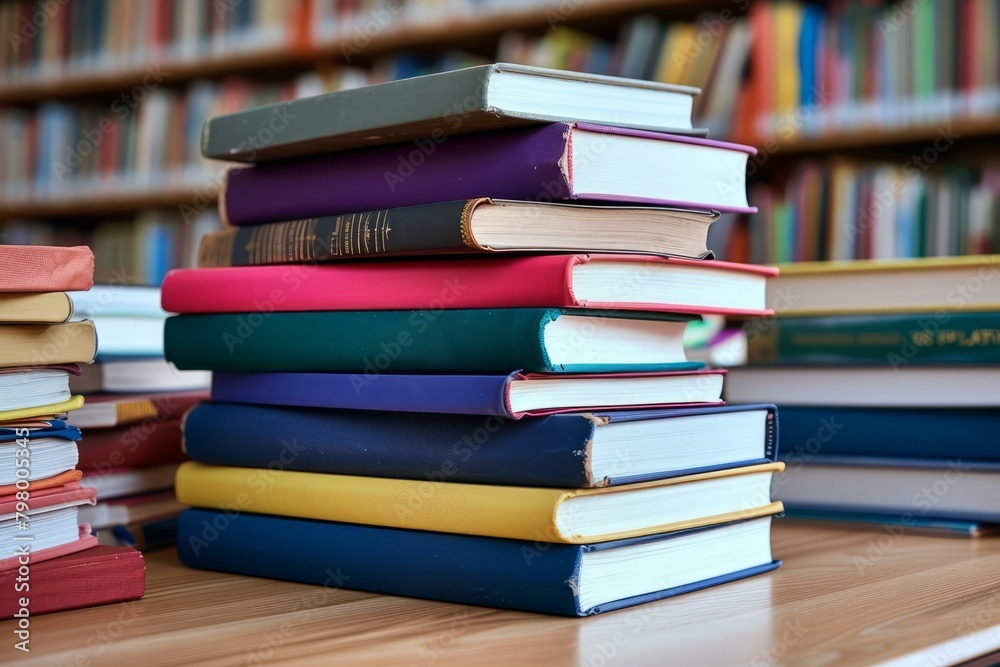 b'Stack of books on a library table with blurred bookshelves in the background' b'Stack of books on a library table with blurred bookshelves in the background'
