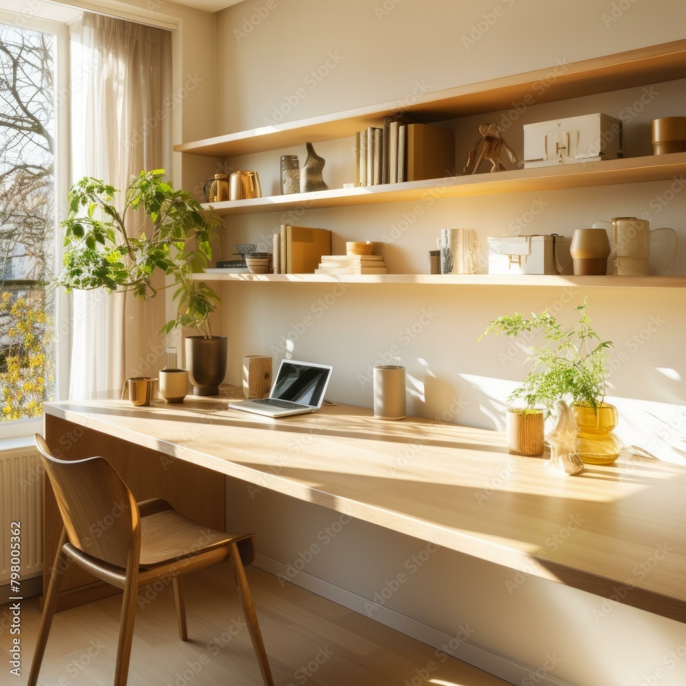 b'A wooden desk and chair in a home office with a large window and plants' b'A wooden desk and chair in a home office with a large window and plants'