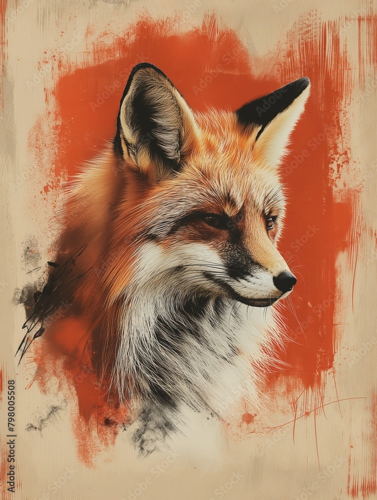 Red fox portrait with abstract red and cream background. Wildlife and ...