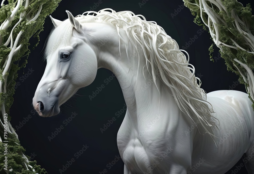 White horse stands gracefully front mysterious circular frame, mesmerizing scene beauty and wonder