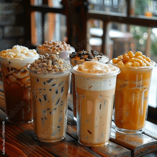 b'Iced coffee drinks with various toppings' photo