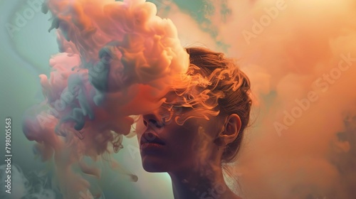 A side profile of a person's head and shoulders is enveloped in swirling clouds of multicolored smoke. The smoke, with hues of orange, pink, and teal, creates an ethereal effect as it curls around and photo