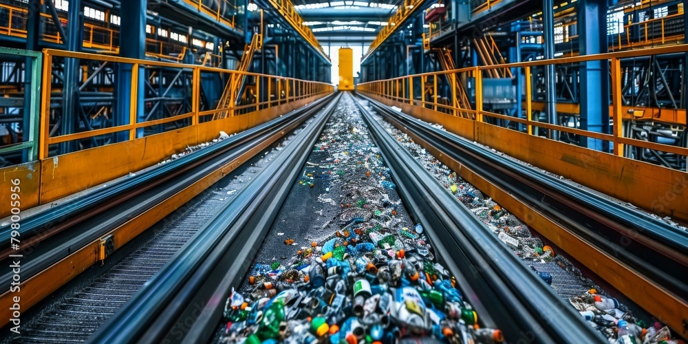 An industrial conveyor belt full of plastic bottles and other recyclables