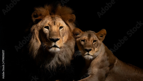 bonita pareja de leones con un fondo negro photo