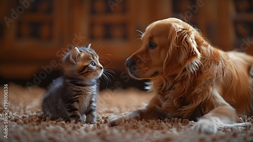 the heartwarming moment as a baby cat and dog meet for the first time, their curious noses gently touching as they sniff each other with innocence and wonder