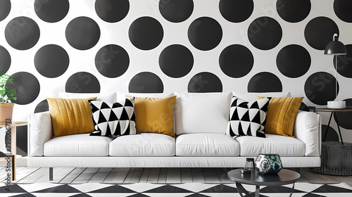 abstract geometric patterned wall decals adorn a white couch adorned with a variety of pillows, inc photo