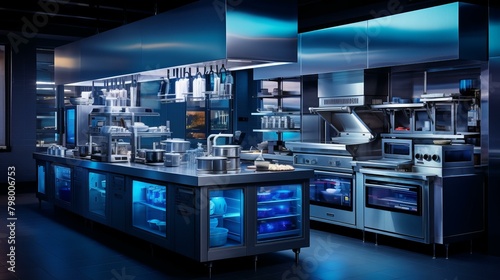 b'A modern commercial kitchen with stainless steel appliances and blue lighting' photo