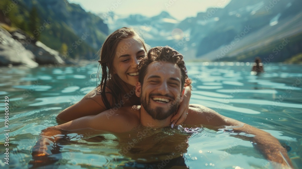 Couple having fun in open water