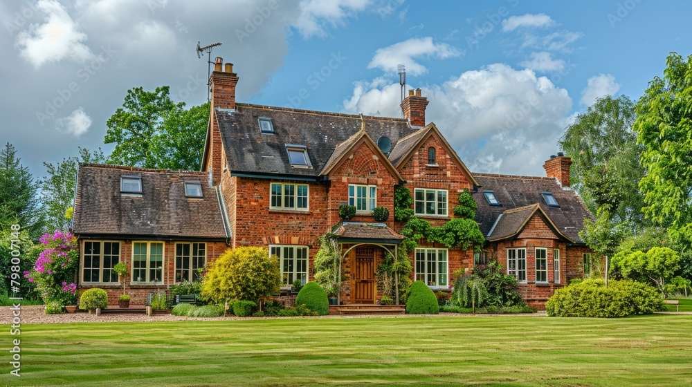 b'A large red brick country house with a big garden' b'A large red brick country house with a big garden'