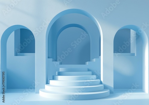 b'Blue podium and arches in a blue room'