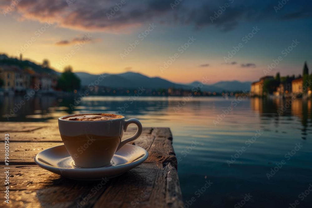 Cup of coffee and strawberries on the background of a lake Cup of coffee and strawberries on the background of a lake