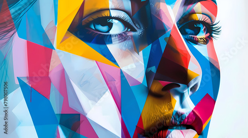 abstract geometric portrait of a woman with a blue face, open mouth, and large nose photo