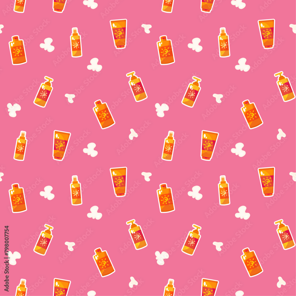 Seamless pattern with bottles of sunscreen on a pink background. Seamless pattern with bottles of sunscreen on a pink background.