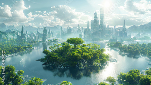 Futuristic modern city panorama with green trees and blue sky