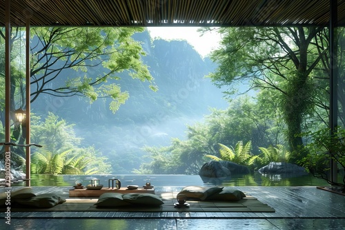 Artistic depiction of a serene meditation space overlooking a lush green forest photo