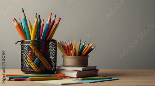 School supplies on blackboard background ready for your design. Genrative.ai 
 photo
