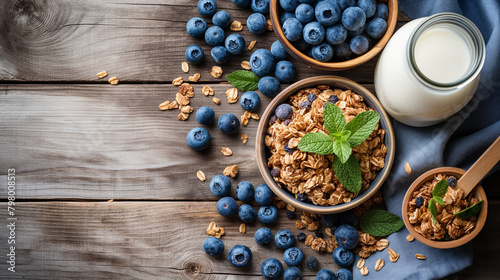 Healthy breakfast ingredients. Homemade granola in open glass jar, milk or yogurt bottle, blueberries and mint on white wooden background, top view, copy space.