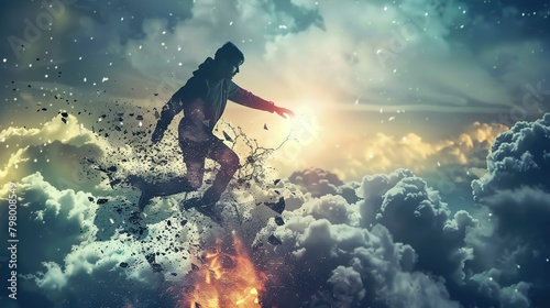 A digital artwork depicts a person shattering into fragments and seemingly disintegrating into a dynamic and explosive scene. The individual, wearing a hoodie and casual clothing, is captured mid-stri photo