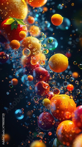 abstract visualization of vitamins and minerals as colorful, glowing orbs floating around healthy food items