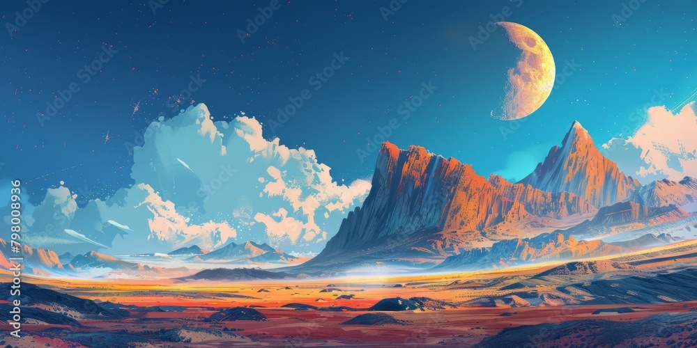 b'Fantasy landscape with a large moon'