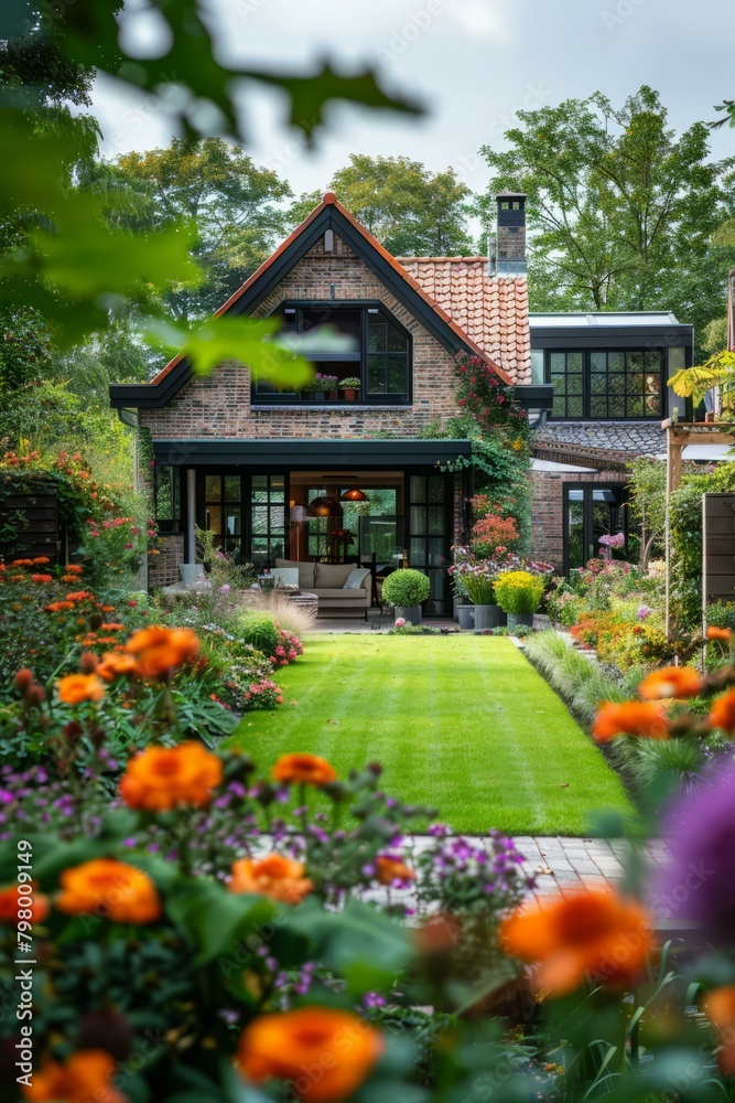 b'colorful flower garden with a beautiful house in the background'