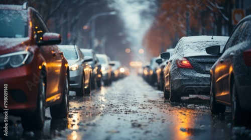 b'Snowy cars parked on a city street'