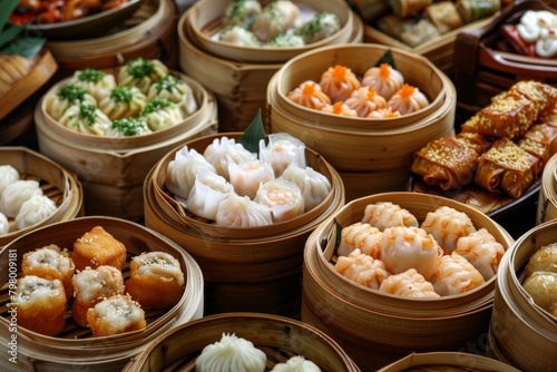 A variety of dim sum dishes in bamboo steamers