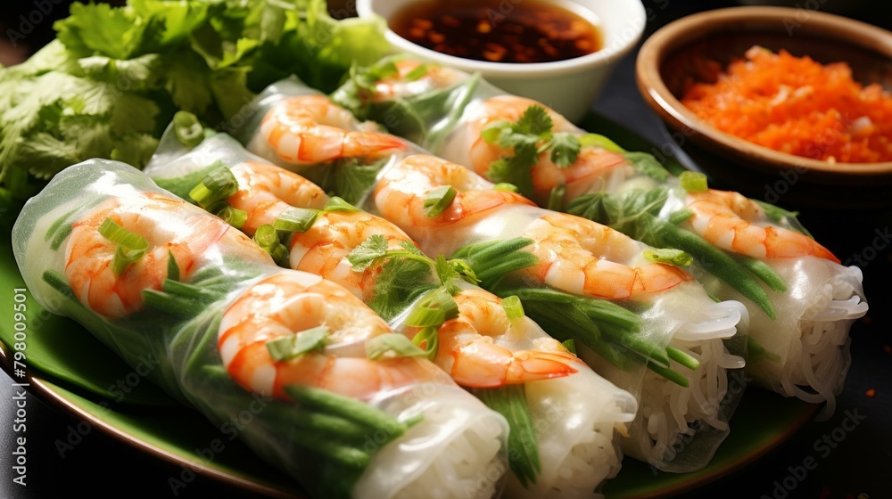 b'Fresh and delicious Vietnamese spring rolls with shrimp, vegetables, and rice noodles' b'Fresh and delicious Vietnamese spring rolls with shrimp, vegetables, and rice noodles'