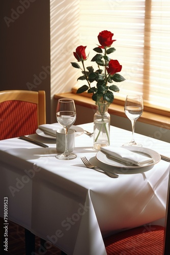b'A table set for a romantic dinner with red roses'