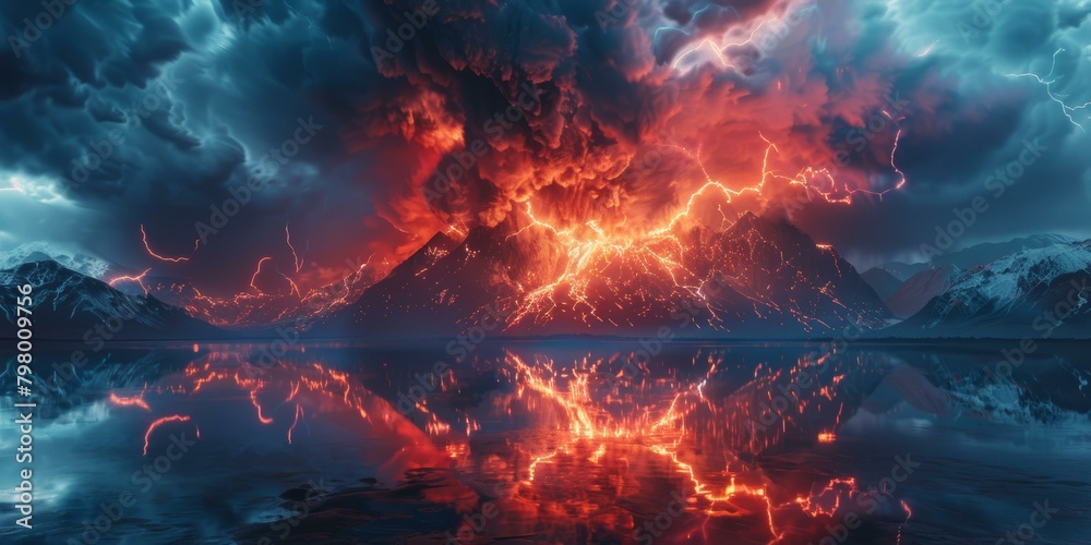 Fantasy landscape with a volcano and lightning storm