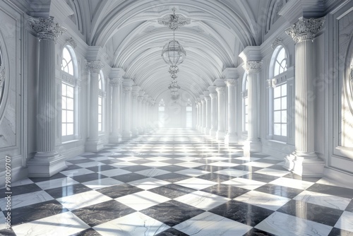 Black and white empty luxury hall interior with marble floor and columns