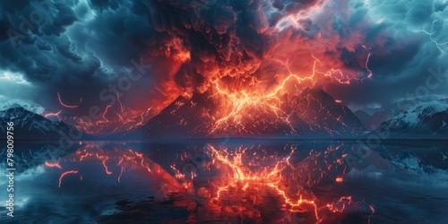 Fantasy landscape with a volcano and lightning storm