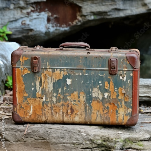b'Vintage suitcase with peeling green and yellow paint sitting on a stone surface' photo