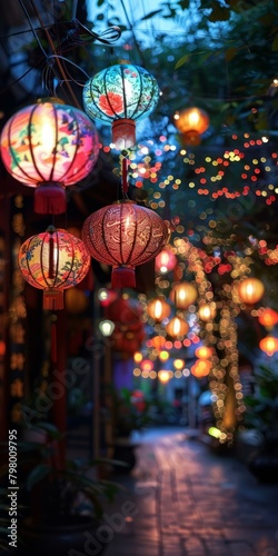 b'Red and yellow paper lanterns hang from wires under the cover of green leaves of a tree.'