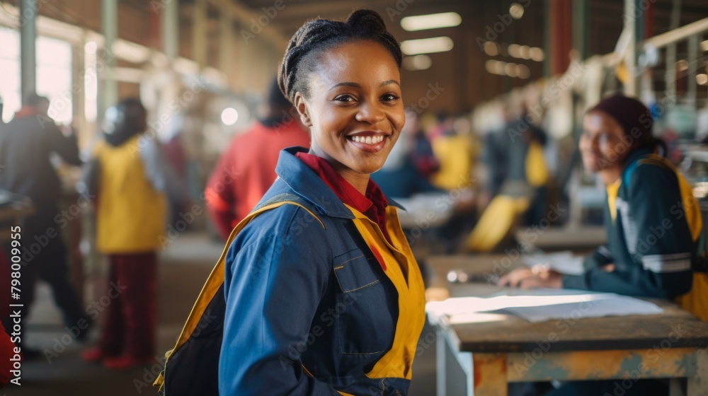 b'Portrait of a smiling African woman wearing a blue jumpsuit in a factory'