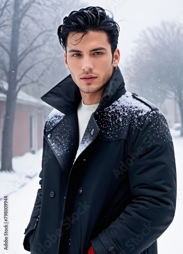 a man with a black coat on in the snow 