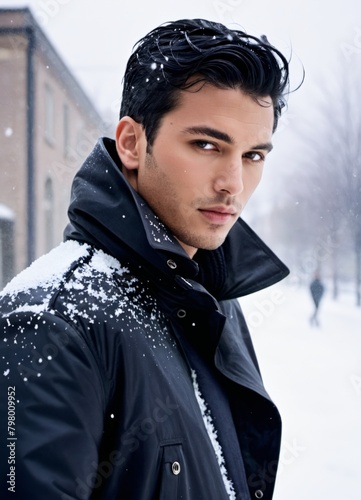 a man with a black coat on in the snow 